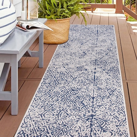 World Rug Gallery Contemporary Geometric Weather Resistant Indoor/Outdoor Runner Rug 2' x 7' Blue 4028BLUE2X7